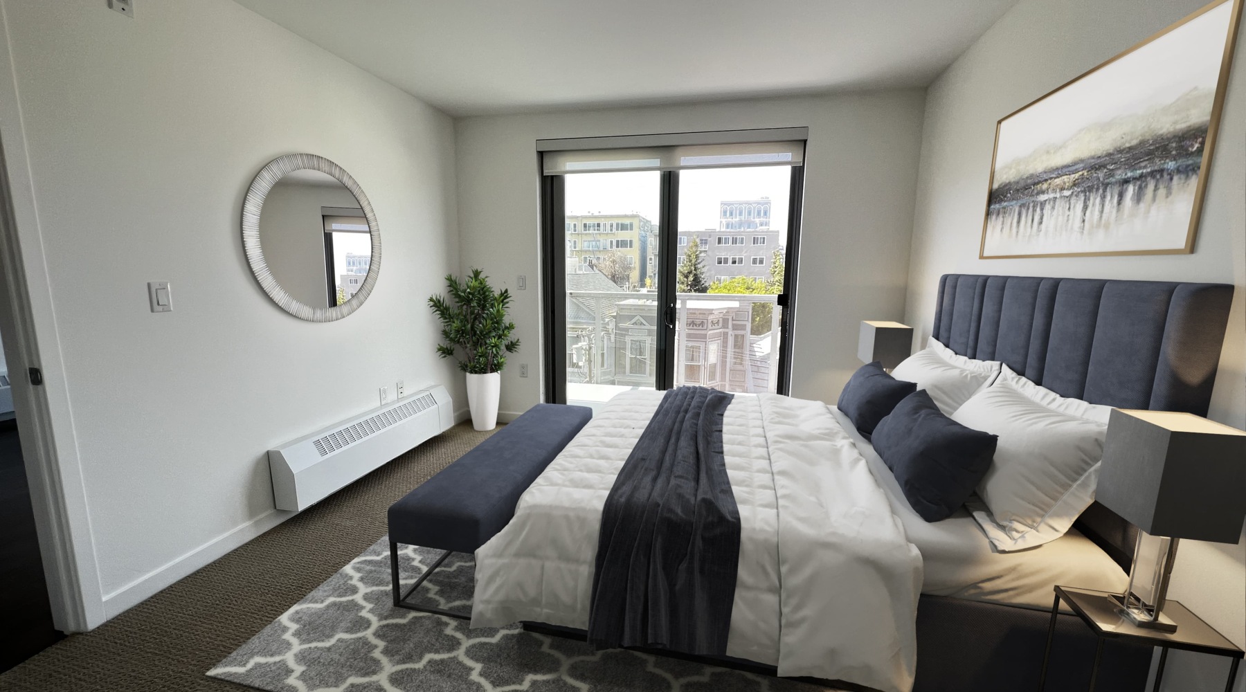 Luxury San Francisco Apartments bedroom decor and modern-neutral colored sheets and pillows